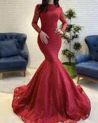 Modest Red Lace Prom Dress Mermaid Long Sleeve