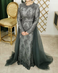 Modest Mermaid Prom Dresses Long Sleeves Lace Appliques