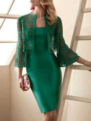 Two Piece Sheath / Column Mother of the Bride Dress Elegant Scoop Neck Knee Length Lace Satin Sleeveless with Appliques - RongMoon