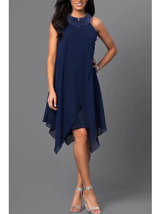 A-Line Mother of the Bride Dress Elegant Jewel Neck Knee Length Chiffon Short Sleeve with Ruching - RongMoon