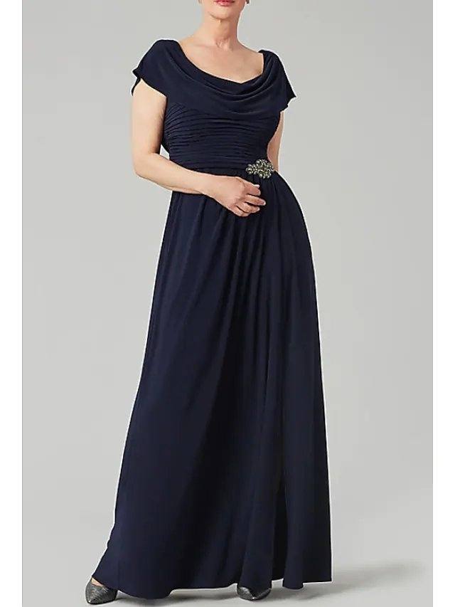 A-Line Mother of the Bride Dress Elegant Cowl Neck Floor Length Chiffon Polyester Short Sleeve with Crystals Beading - RongMoon