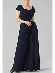 A-Line Mother of the Bride Dress Elegant Cowl Neck Floor Length Chiffon Polyester Short Sleeve with Crystals Beading - RongMoon