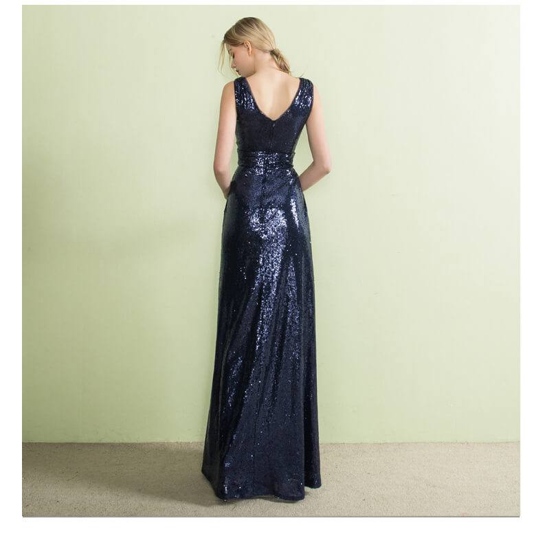 V Cutting Sleeveless Sequined Evening Dress - RongMoon