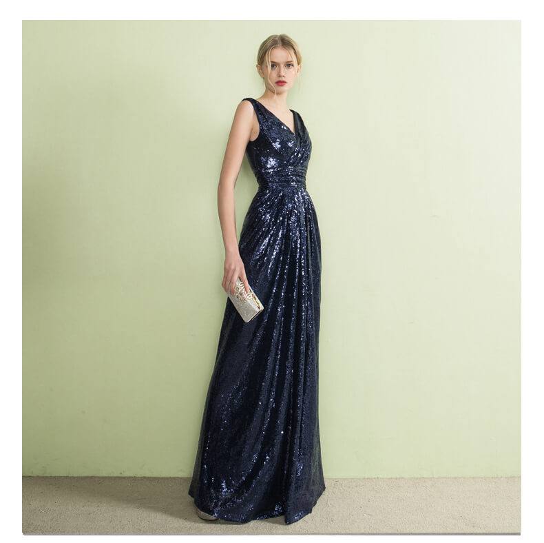 V Cutting Sleeveless Sequined Evening Dress - RongMoon