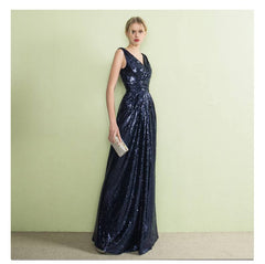 V Cutting Sleeveless Sequined Evening Dress - RongMoon