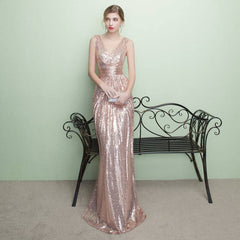 V Cutting Sleeveless Sequined Evening Dress - RongMoon
