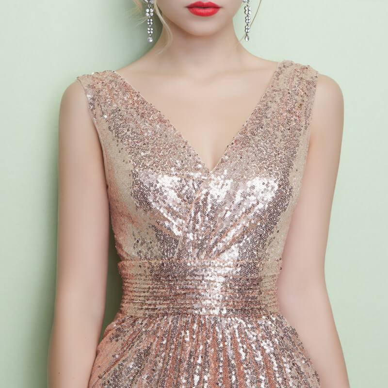 V Cutting Sleeveless Sequined Evening Dress - RongMoon