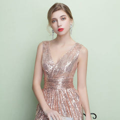 V Cutting Sleeveless Sequined Evening Dress - RongMoon