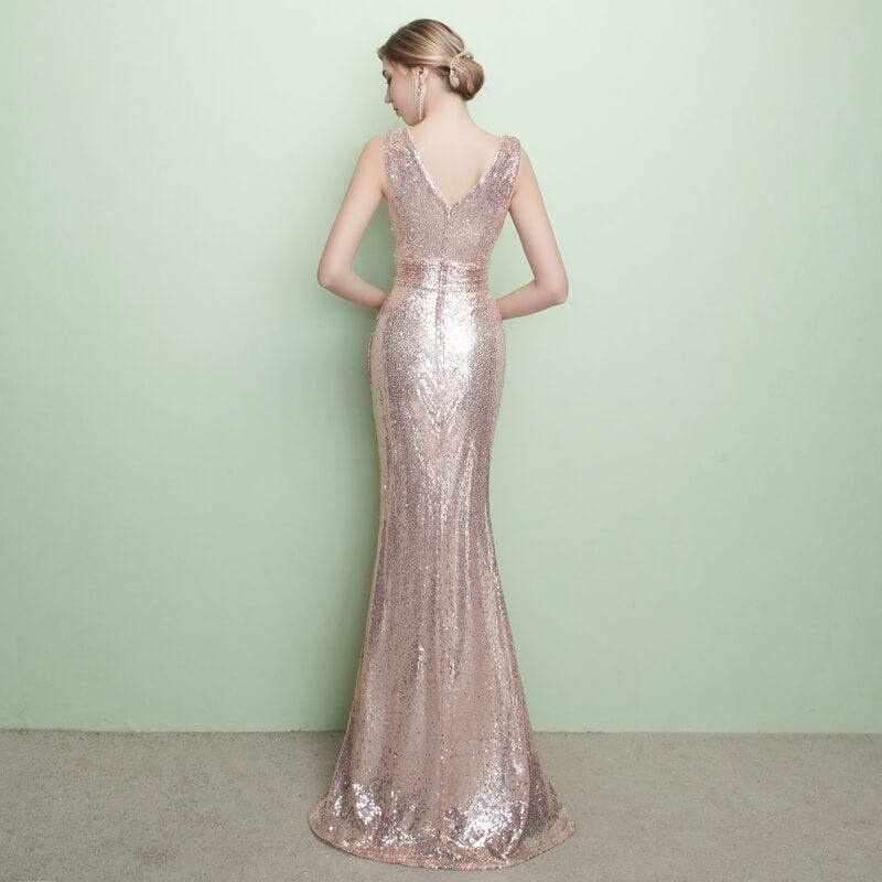 V Cutting Sleeveless Sequined Evening Dress - RongMoon