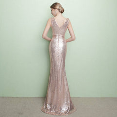 V Cutting Sleeveless Sequined Evening Dress - RongMoon