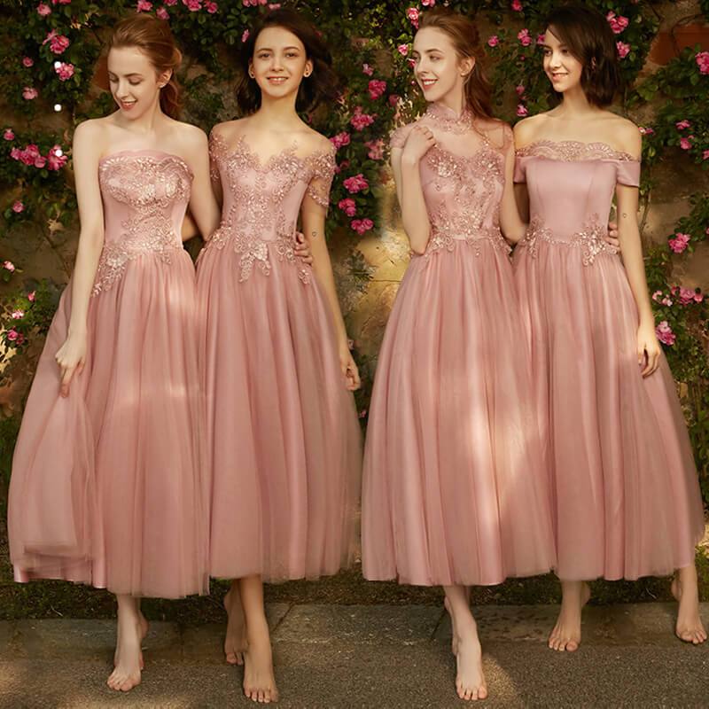 [Final Sale]Mix Match Dusty Rose and Silver Embroidery Bridesmaid Dress - RongMoon