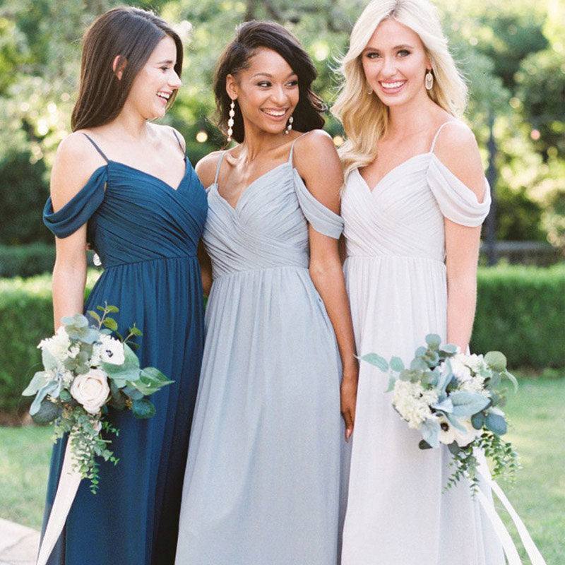 Prussian Indigo Blue Spaghetti Straps Pleated Chiffon Cold-Shoulder Bridesmaid Dress - RongMoon