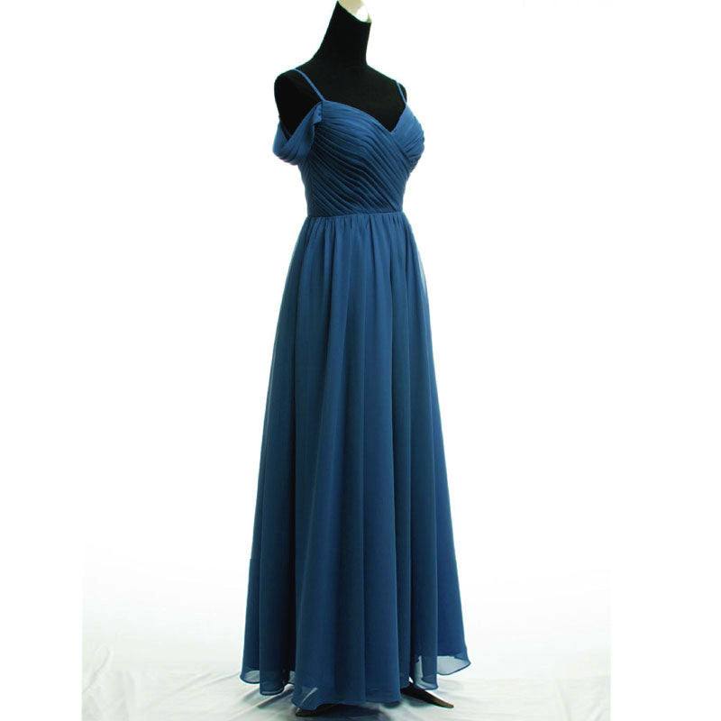 Prussian Indigo Blue Spaghetti Straps Pleated Chiffon Cold-Shoulder Bridesmaid Dress - RongMoon