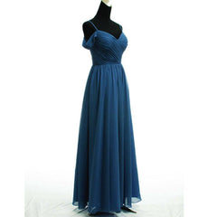 Prussian Indigo Blue Spaghetti Straps Pleated Chiffon Cold-Shoulder Bridesmaid Dress - RongMoon