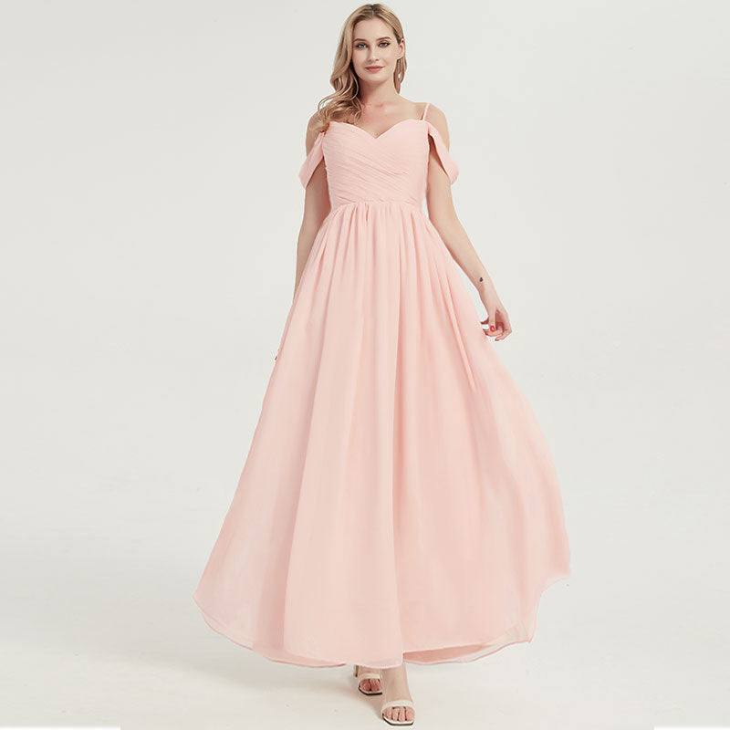 Prussian Indigo Blue Spaghetti Straps Pleated Chiffon Cold-Shoulder Bridesmaid Dress - RongMoon