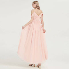 Prussian Indigo Blue Spaghetti Straps Pleated Chiffon Cold-Shoulder Bridesmaid Dress - RongMoon