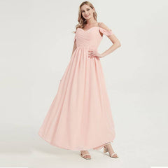 Prussian Indigo Blue Spaghetti Straps Pleated Chiffon Cold-Shoulder Bridesmaid Dress - RongMoon