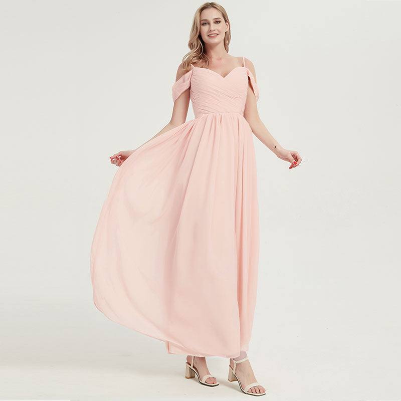 Prussian Indigo Blue Spaghetti Straps Pleated Chiffon Cold-Shoulder Bridesmaid Dress - RongMoon