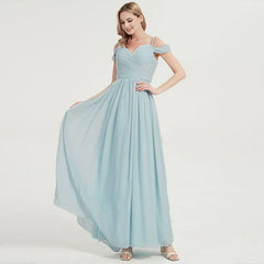 Prussian Indigo Blue Spaghetti Straps Pleated Chiffon Cold-Shoulder Bridesmaid Dress - RongMoon
