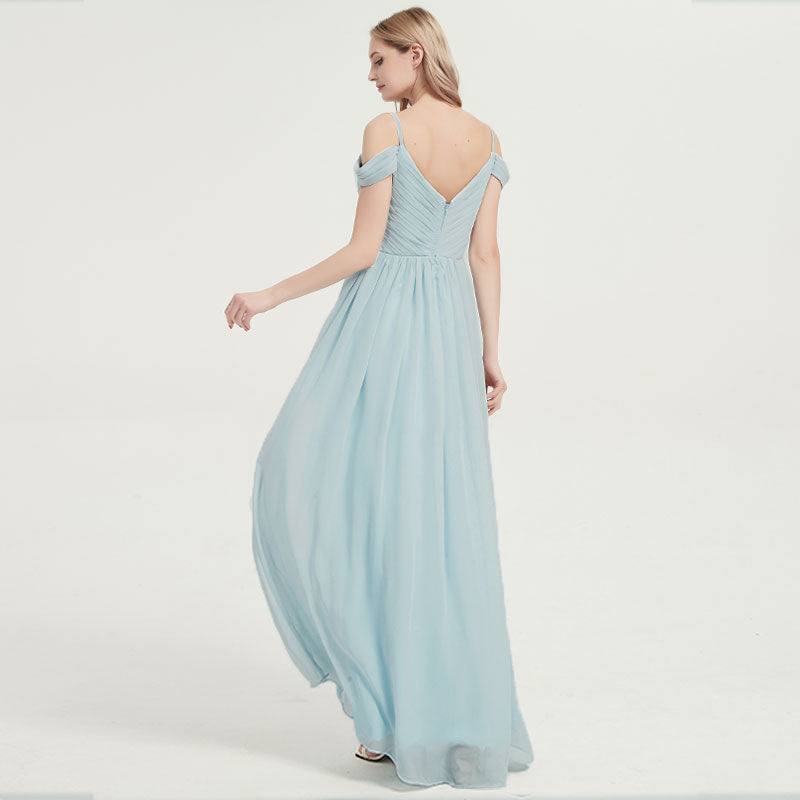 Prussian Indigo Blue Spaghetti Straps Pleated Chiffon Cold-Shoulder Bridesmaid Dress - RongMoon