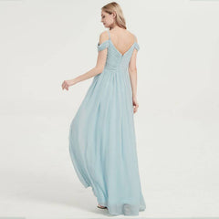 Prussian Indigo Blue Spaghetti Straps Pleated Chiffon Cold-Shoulder Bridesmaid Dress - RongMoon