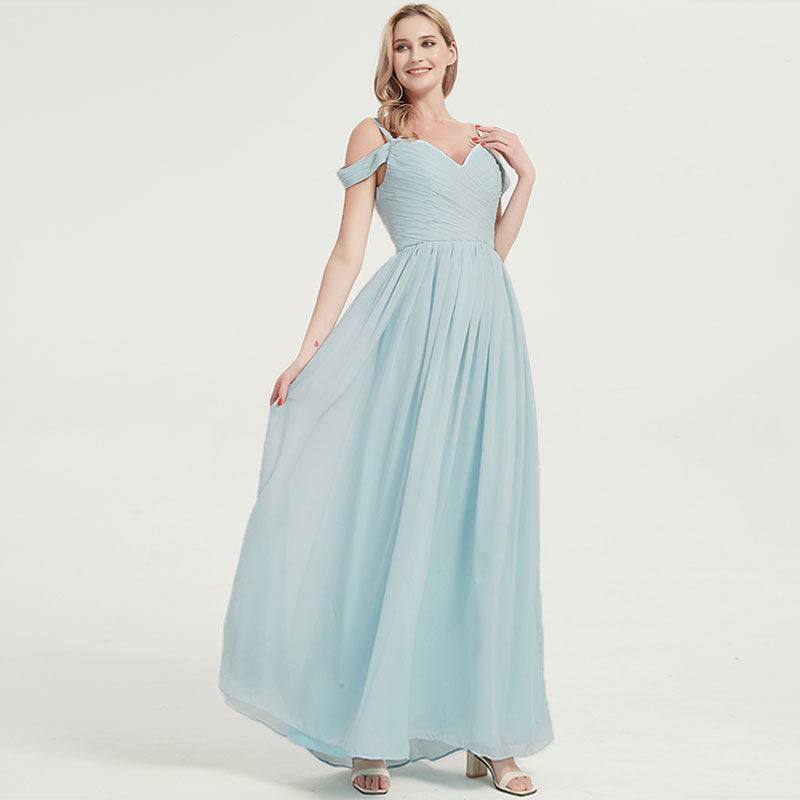 Prussian Indigo Blue Spaghetti Straps Pleated Chiffon Cold-Shoulder Bridesmaid Dress - RongMoon