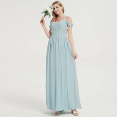 Prussian Indigo Blue Spaghetti Straps Pleated Chiffon Cold-Shoulder Bridesmaid Dress - RongMoon