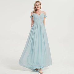 Prussian Indigo Blue Spaghetti Straps Pleated Chiffon Cold-Shoulder Bridesmaid Dress - RongMoon