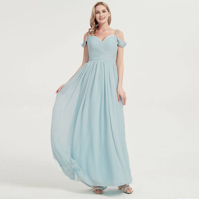 Prussian Indigo Blue Spaghetti Straps Pleated Chiffon Cold-Shoulder Bridesmaid Dress - RongMoon