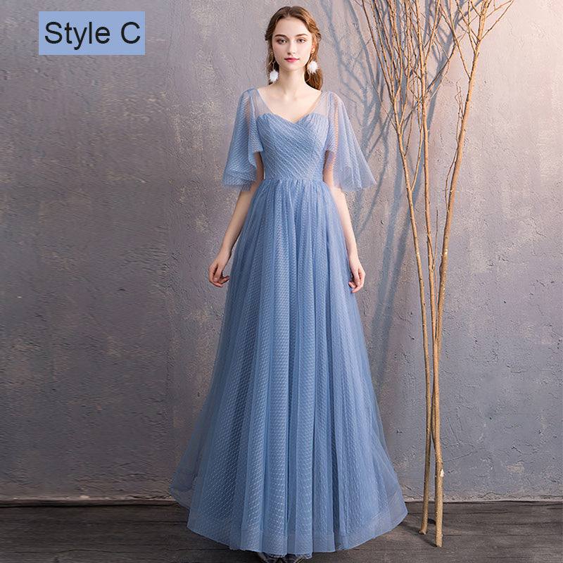 Illusion Sweetheart Ruffle Sleeves Dusty Blue Bridesmaid Dresses - RongMoon