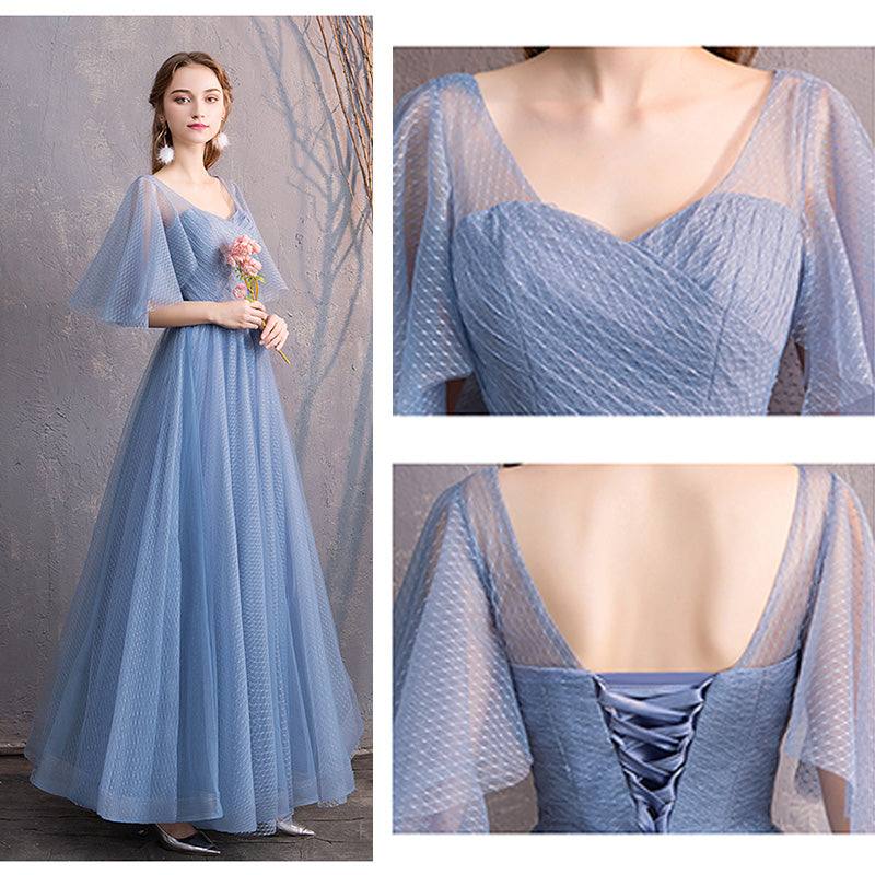 Illusion Sweetheart Ruffle Sleeves Dusty Blue Bridesmaid Dresses - RongMoon