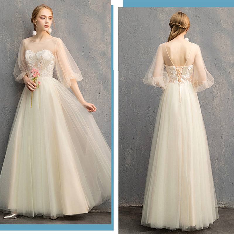 Illusion Sweetheart Champagne Bishop Sleeve Bridesmaid Dresses - RongMoon