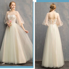 Illusion Sweetheart Champagne Bishop Sleeve Bridesmaid Dresses - RongMoon