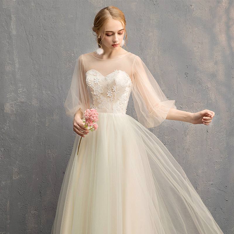 Illusion Sweetheart Champagne Bishop Sleeve Bridesmaid Dresses - RongMoon