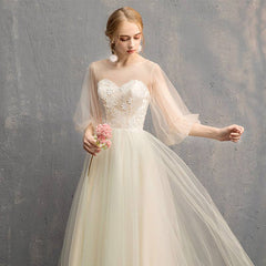 Illusion Sweetheart Champagne Bishop Sleeve Bridesmaid Dresses - RongMoon