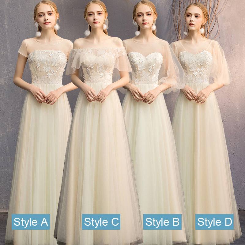 Illusion Sweetheart Champagne Bishop Sleeve Bridesmaid Dresses - RongMoon