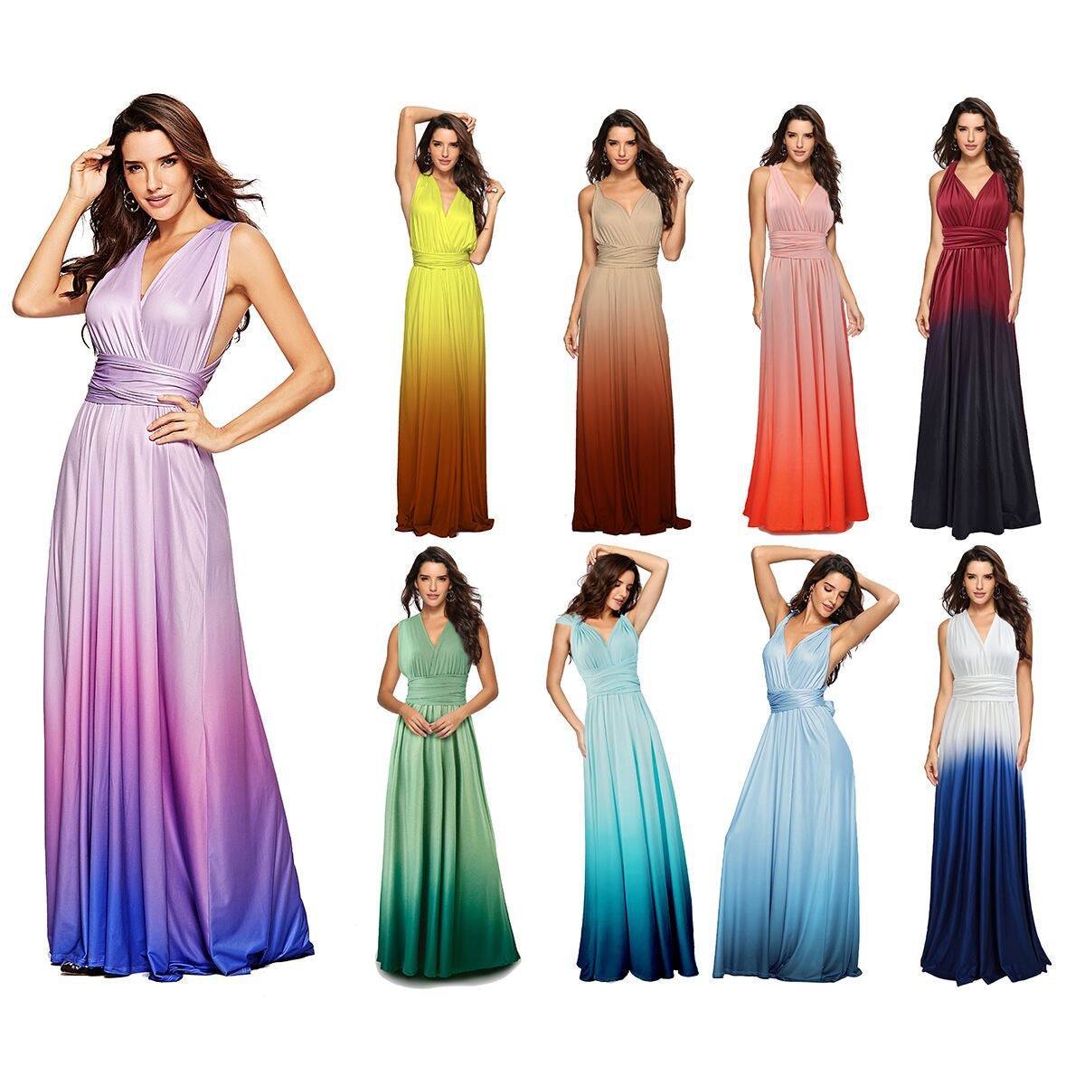 Women's Gradient Light Blue Infinity Wrap Multi Ways Convertible Boho Maxi Bridesmaid Dress - RongMoon