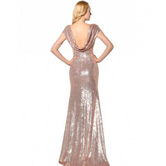 Rose Gold Sequin Back Cowl Neck Long Evening Party Gown - RongMoon