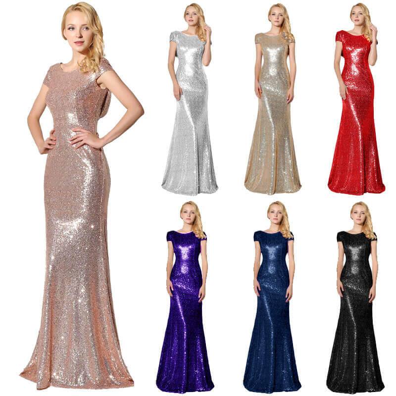 Rose Gold Sequin Back Cowl Neck Long Evening Party Gown - RongMoon