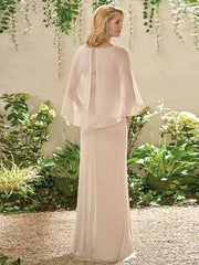 Sheath / Column Mother of the Bride Dress Elegant Jewel Neck Floor Length Chiffon Short Sleeve with Sash / Ribbon Ruching - RongMoon