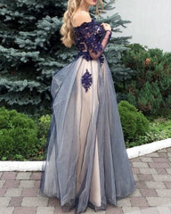 Navy And Nude Tulle Ball Gown Prom Dresses