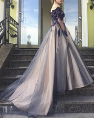 Navy And Nude Tulle Ball Gown Prom Dresses