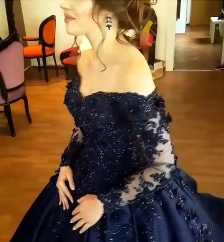 Long Sleeves Satin Ball Gown Engagement Dresses Off The Shoulder