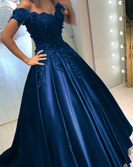 Princess Prom Dresses Satin Ball Gown Lace Flowers Beaded