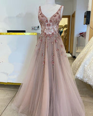 Nude Tulle Prom Dresses V Neck Beaded