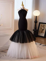 Beading Mermaid Black And White Halter Tulle Prom Dress