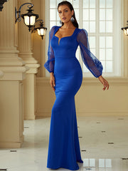 Royal Blue Long Sleeve Square Trumpet Mermaid Prom Dress