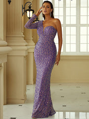 Off The Shoulder Long Sleeve Sequin Prom Dress