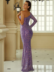 Off The Shoulder Long Sleeve Sequin Prom Dress
