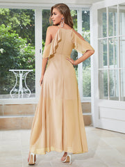 V-neck  Champagne A-Line SplitFront Bridesmaid Dress